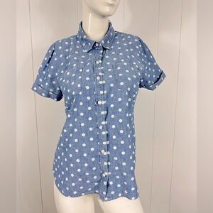 Tommy Hilfiger Sz M Blue & White Polka Dots Casual Button Up Shirt Short Sleeve
